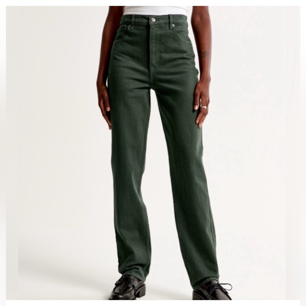 Abercrombie & Fitch Curve Love High-Rise Straight Leg Jeans in Forest Green